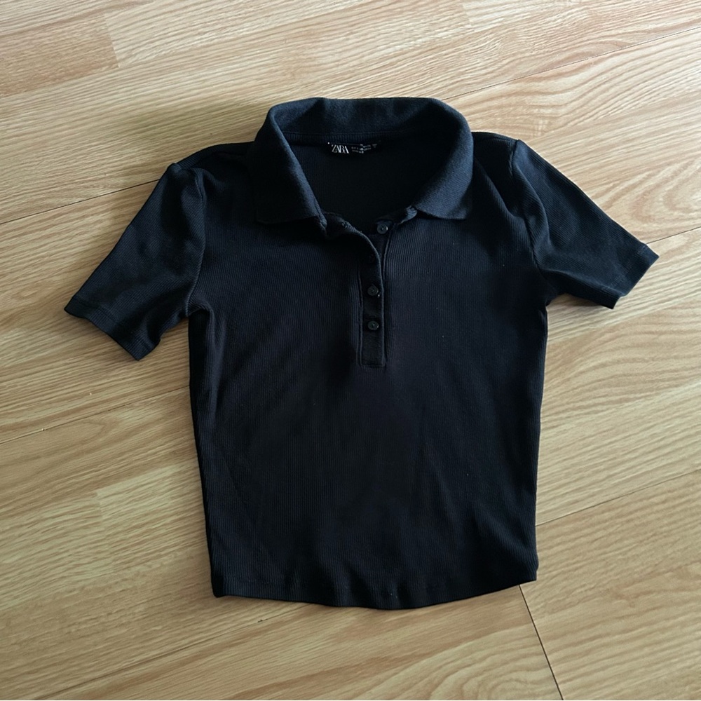Zara Black Ribbed Cropped Polo Top Small